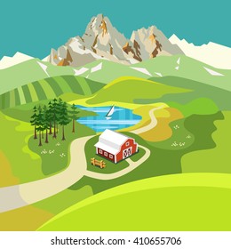 Landscape with farm, lake, mountain. Vector illustration.