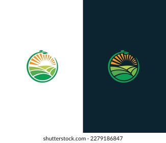 Landscape Farm With Leaf Sun Symbol Logo Design Modern Vector Template Icon.