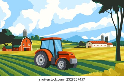 Landscape with farm and tractor. Autumn rural scenery with agriculture and field in harvest season. Farming suburban life. Poster with countryside nature and building. Cartoon flat vector illustration