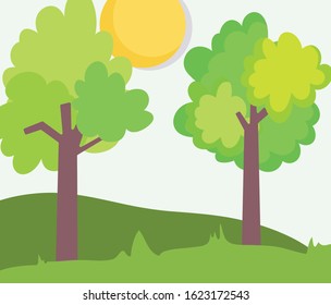 landscape farm trees foliage meadow clouds sun vector illustration