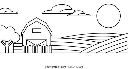 Landscape farm wheat field sky sun summer illustration