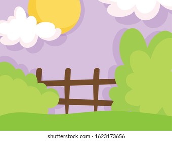 landscape farm wooden fence bush clouds sun vector illustration