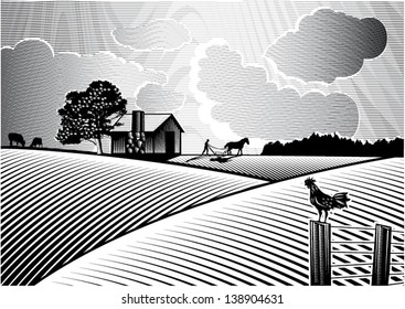 Landscape of farmer plowing field at sunrise, vector