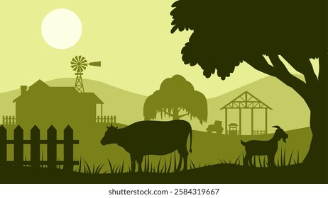 Landscape of farmland with livestock in a countryside scenery. Panoramic view of rural farm with cow and goat in pasture. Vector illustration of scenic countryside building with farmhouse and windmill