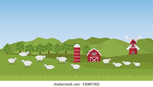 Landscape of Farmyard , a lot of sheep on field and farmhouse , barn and windmill on the background vector