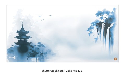  Landscape featuring pagoda temple and forest waterfall, shrouded in mist. Traditional oriental ink painting sumi-e, u-sin, go-hua. Hieroglyph - clarity