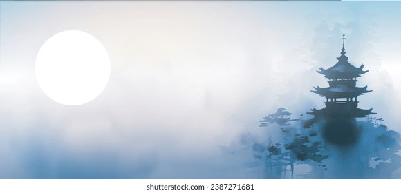 Landscape featuring pagoda temple, the sun veiled in mist, all beautifully painted in the Sumi-e style.Translation of hieroglyph - beauty.