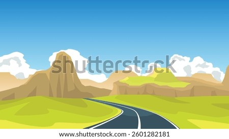 Landscape featuring a paved road curving into the distance. Rolling hills and rocky outcrops are depicted in muted earth tones, while fluffy white clouds dot a bright blue sky.