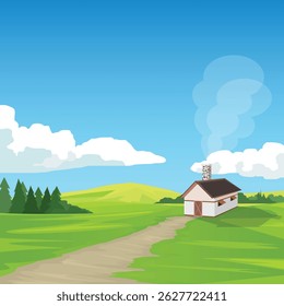 Landscape featuring a small house with a smoking. Chimney in a green field under a bright blue sky with white clouds. Dirt path leads from the foreground towards the house. Mountain under blue sky.