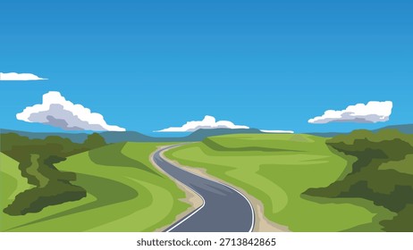 Paisaje con carreteras sinuosas que se extienden a lo largo de las laderas. Los valles están cubiertos de bosques. Fondo de bosque y montaña bajo cielo azul y nubes blancas.