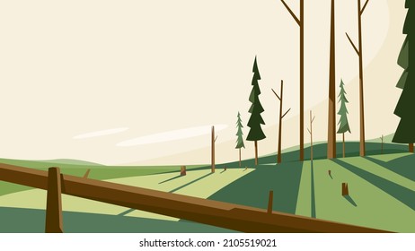 Landscape with felled trees. Dead nature scenery.