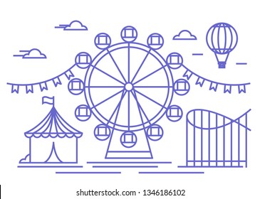 
Landscape with ferris wheel, amusement rides and balloon.
Circus or rides, linear landscape.