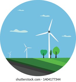A landscape with few green trees and wind turbines that transforms the kinetic energy in the wind into mechanical power used for grinding grain or pumping water, vector, color drawing or illustration.