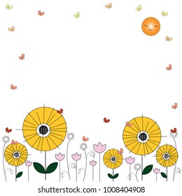 Landscape, Field of blooming flowers, greeting card smiling sun with sunflower and butterfly, Vector background for spring or summer, love and happiness in white background with copy space