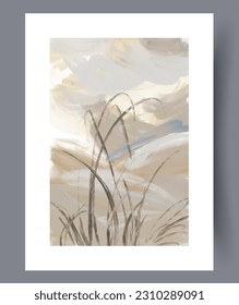 Huella de arte en la pared del cielo de pasto paisajístico. Fondo decorativo contemporáneo con cielo. Afiche de campo mínimo abstracto que se puede imprimir. Paredes de arte para el diseño interior.