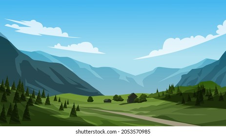 Landscape with Field and Mountain Land Sky Wild Nature in Countryside. 