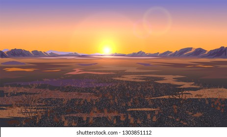 Landscape with field or plain, desert landscape, sunset or dawn