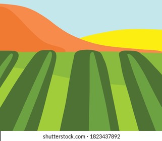 Landscape. The field is striped with mountains. Summer autumn Flat bright style vector