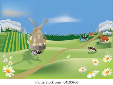 landscape with field and village