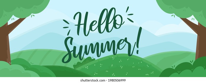 Landscape with fields, hills, mountains, trees and "hello summer" text.