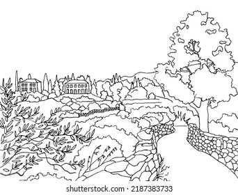 Landscape with fields, olives, trees, road. Croatian village, rural landscape.  Houses in old village. Vector illustration. Hand drawn travel sketch. Line art design for adult or kids coloring page.