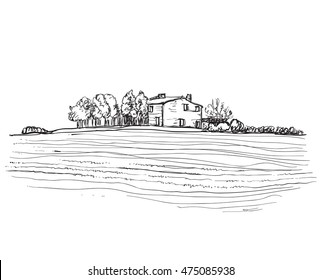 Landscape with Fields and Trees. Hand drawn Vector Illustration