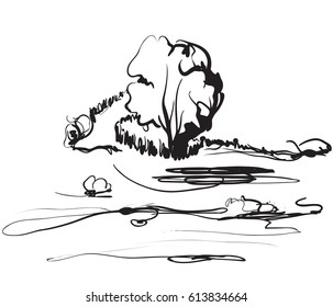 Landscape with Fields and trees. Sketching illustration. Nature