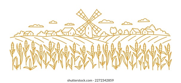 Landscape fields with a windmill. Wheat spikelets in the foreground. Vector contour line. Editable outline stroke.