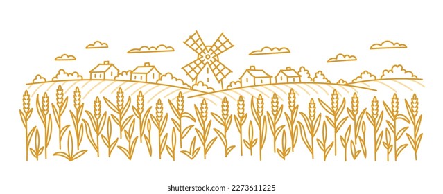 Landscape fields with a windmill. Wheat spikelets in the foreground. Vector contour line. Editable outline stroke.