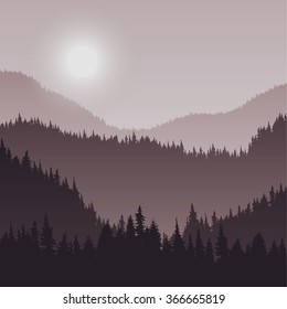 landscape with fir trees, forest background, hand drawn vector illustration