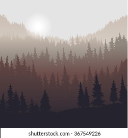 landscape with fir trees, forest background, hand drawn vector illustration