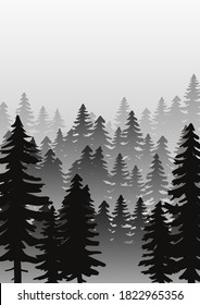 Landscape with fir trees. Vector monochrome background with silhouette of coniferous spruce forest.  Evergreen coniferous trees. Spruce, christmas tree. Hand drawn forest fir trees silhouettes