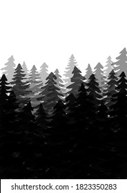 Landscape with fir trees. Vector monochrome background with silhouette of coniferous spruce forest.  Evergreen coniferous trees. Spruce, christmas tree. Hand drawn forest fir trees silhouettes