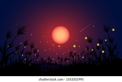 Landscape with fireflies in beautiful night