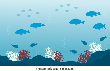 Landscape of fish and reef on underwater