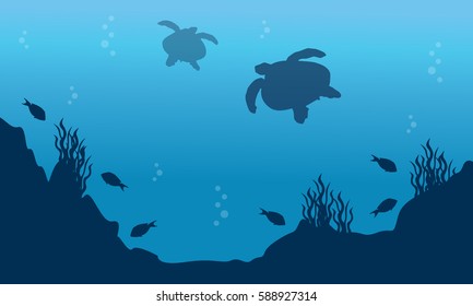 Landscape of fish and turtle silhouettes