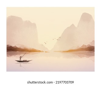 Landscape with fisherman in a boat, misty mountains and sunrise sky. Traditional oriental ink painting sumi-e, u-sin, go-hua. Hieroglyphs - peace, tranquility, clarity, well-being.