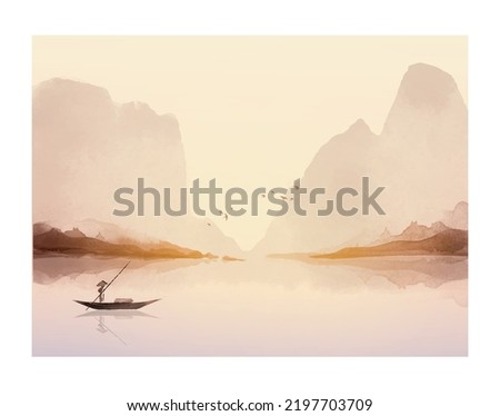 Landscape with fisherman in a boat, misty mountains and sunrise sky. Traditional oriental ink painting sumi-e, u-sin, go-hua. Hieroglyphs - peace, tranquility, clarity, well-being.