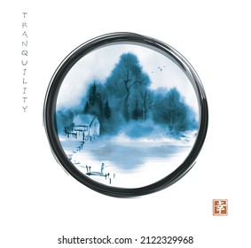 Landscape with fisherman by blue misty riverside in black enso zen circle on white background. Hieroglyph - happiness