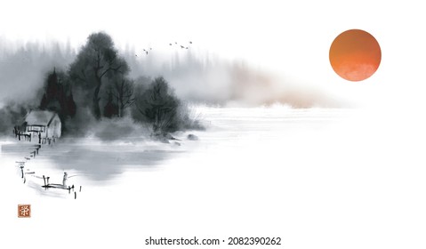 Landscape with fisherman by misty riverside and big red sun. Traditional oriental ink painting sumi-e, u-sin, go-hua. Translation of hieroglyph - prosperity.