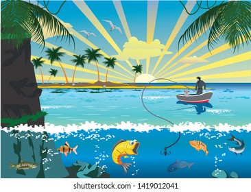 Landscape - fisherman with a cat on a boat fishing. Tropical island in the ocean. The view of the ocean and the sunrise. Vector illustration