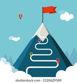 A landscape with a flag on a mountain and dots is an illustration of the concept of success. Overcoming difficulties.