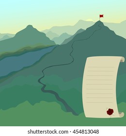 Landscape with flag on the mountain peak. Hiking trail. Business concept, goal achievement, plan, mission.