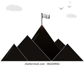 Landscape with flag on the mountain. Success concept illustration. Overcoming difficulties.