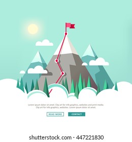 Landscape with flag on the mountain. Success in business. Vector illustration.