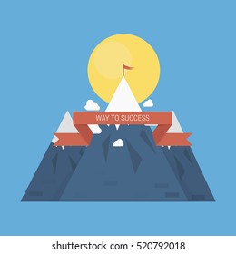Landscape with flag on the mountain. Success concept illustration. Overcoming difficulties.