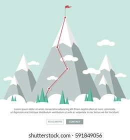 Landscape with flag on the mountain. Success in business. Vector illustration.