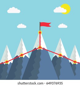 Landscape with flag on the mountain. Success in business. Vector illustration.