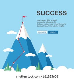 Landscape with flag on the mountain. Success in business. Vector illustration.