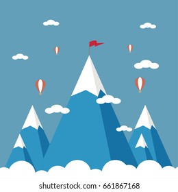Landscape with flag on the mountain. Success in business. Vector illustration.